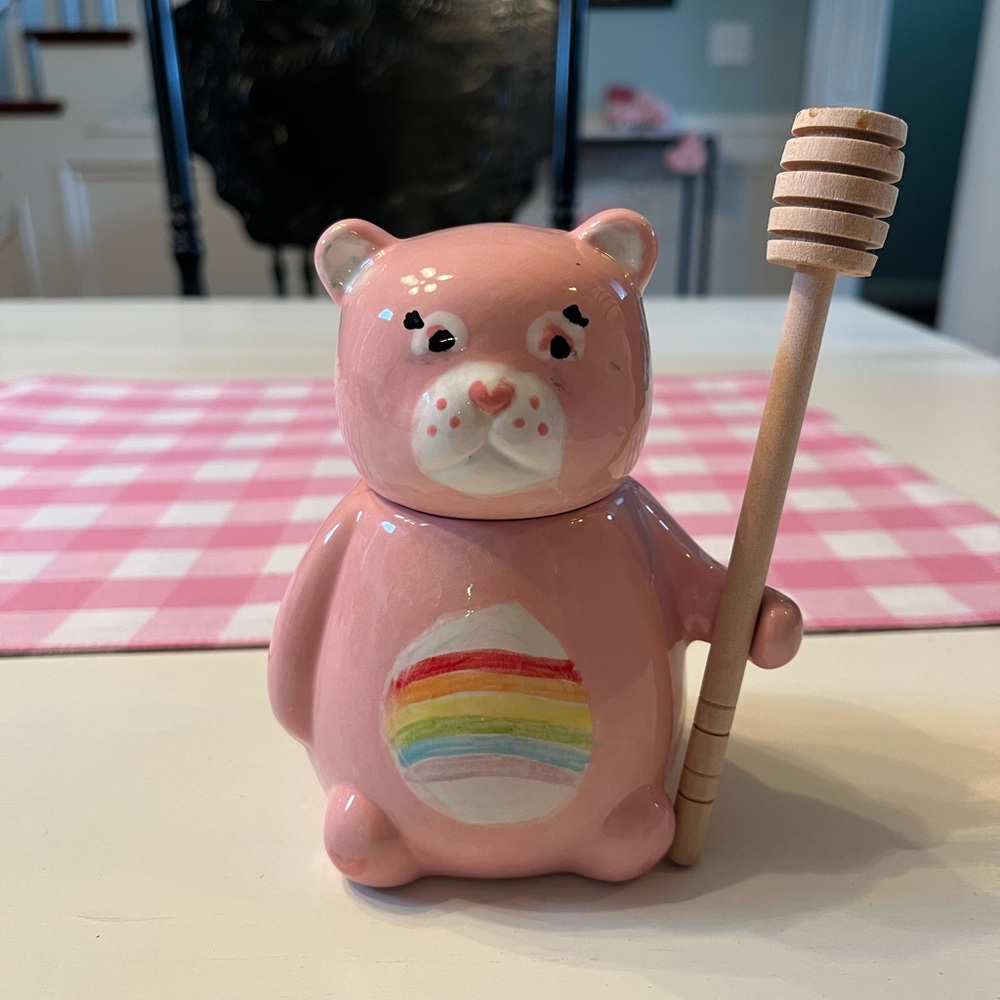 Handmade Unique Cheer Bear Care Bear Functional Honey Jar with Honey Stick!!